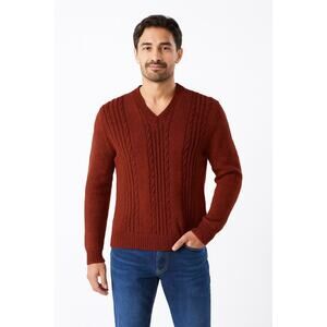 OOAK Hand Knit burgundy Wool Cable V-Neck Sweater Vintage Fisherman Style Medium